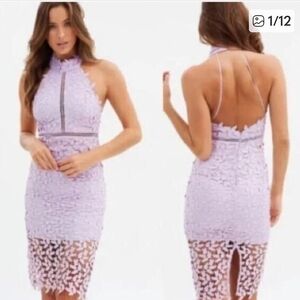 Bardot Lilac Lace Halter Midi Dress